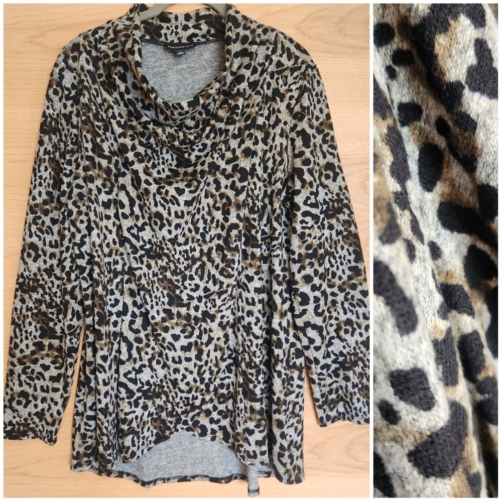 FORTUNE + IVY ANIMAL PRINT COWL NECK TUNIC TOP ULTRA SOFT LARGE LIKE NEW!
